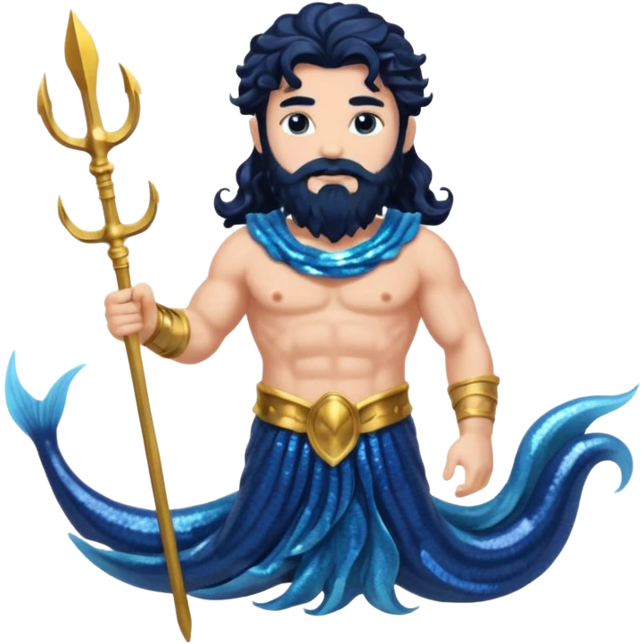 Neptune, God of Sea from Roman Deities with long jet black wavy hair and beard, dark blue sequin toga emoji