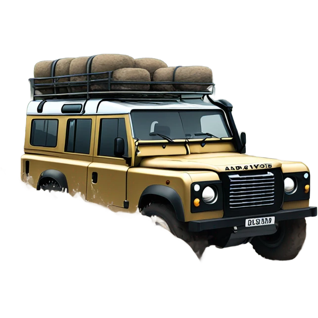 An land rover facing a road full of mud and rocks, with big tires and mud splashing around, showing resistance and adaptability. emoji