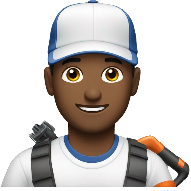 Brunette man with brown eyes and baseball hat holding a leaf blower emoji