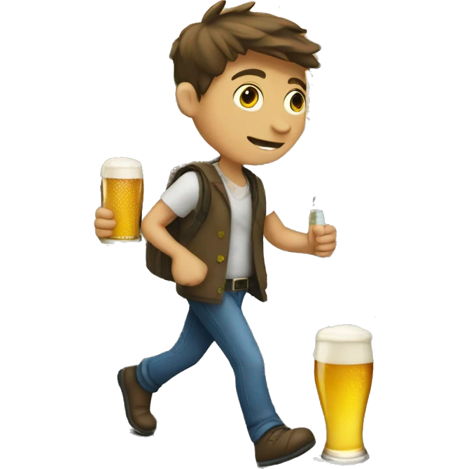 European boy walking down street holding a beer emoji