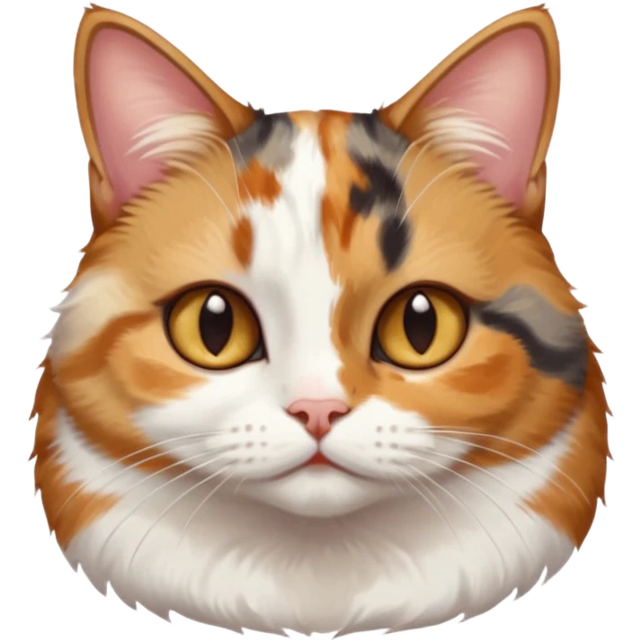 torbie and white cat with small head, hazel eyes, and short but chubby body emoji
