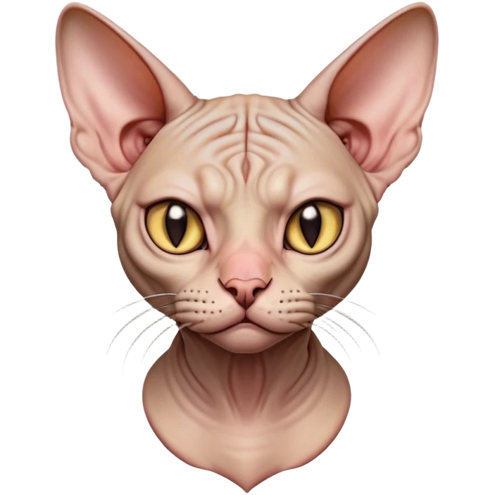 Cinematic Grumpy Sphynx Cat Portrait Emoji, Head tilted slightly with a deeply unimpressed expression, smooth, wrinkled skin with pronounced facial folds giving a permanent look of disapproval, large ears standing tall, piercing eyes narrowed into an unamused glare, Simplified yet comically expressive features, highly detailed, glowing with a dry, sarcastic glow, high shine, effortlessly judgmental yet dignified, stylized with a touch of cynicism, bright but brooding, soft glowing outline, capturing the essence of an eternally unimpressed yet endearing feline, so lifelike it feels like it could sigh heavily at you in disdain at any moment! emoji