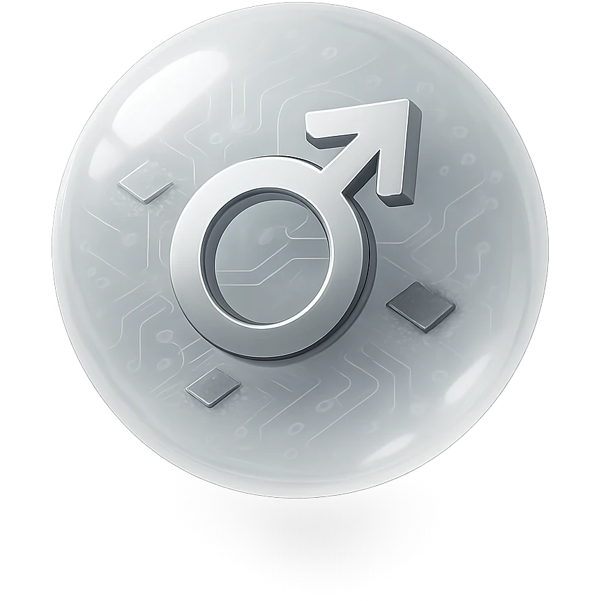 glossy white 3D sphere with a metallic male symbol (♂) in the center, floating emoji