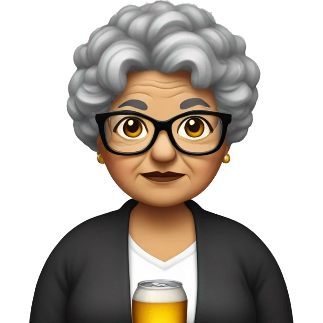 Chubby Mexican grandma with long curly black and gray  hair and glasses and a corona beer emoji
