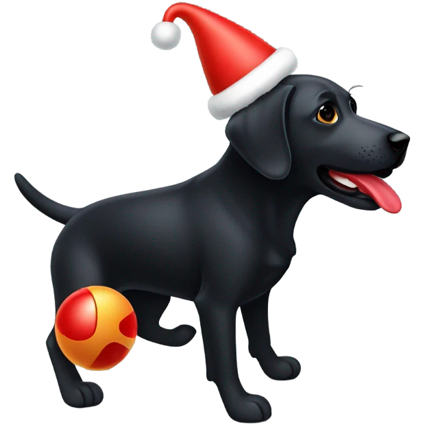 A black lab playing with a toy lobster emoji