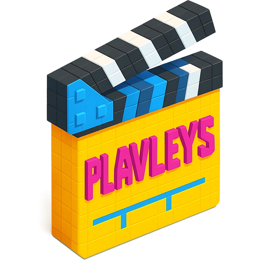 isometric view of a movie clapperboard with the text 'PLAVLEYS' written on it, voxel style emoji