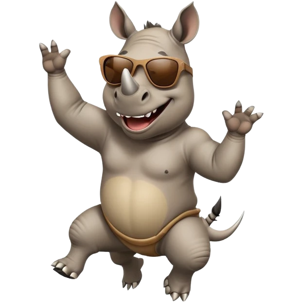 friendly anthropomorphised rhino jumping with excitement, wearing dark sunglasses, standard pose emoji