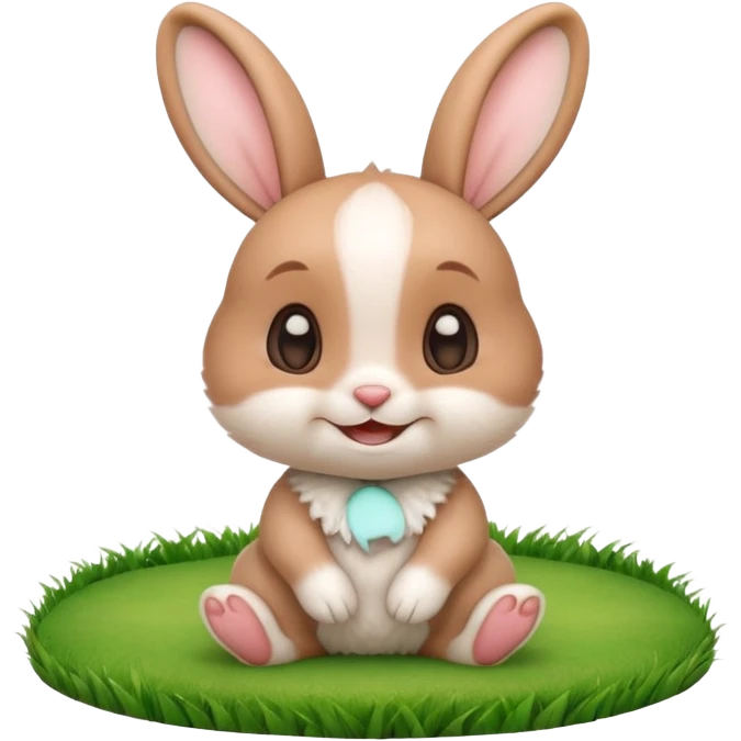 A cute 3D cartoon rabbit sitting on green grass, soft white fur, big ears, round eyes, and a cheerful smile, bright natural lighting, Memoji-style. emoji