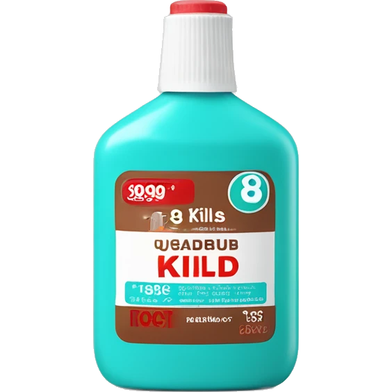 Turquoise Mouthwash bottle with white stickers and brown cap . the white stickers have small red letters that say kills 99% of batería  emoji