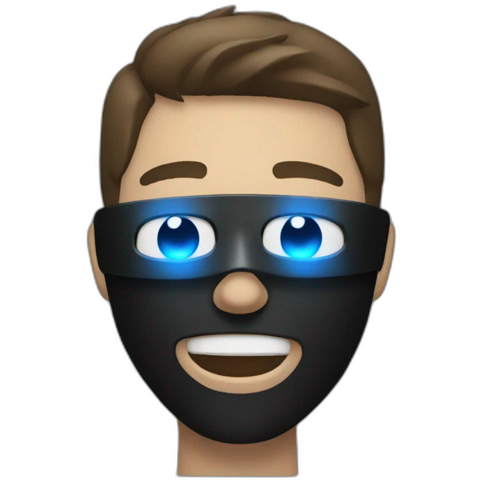 Boywithuke wearing a black led mask with blue eyes emoji