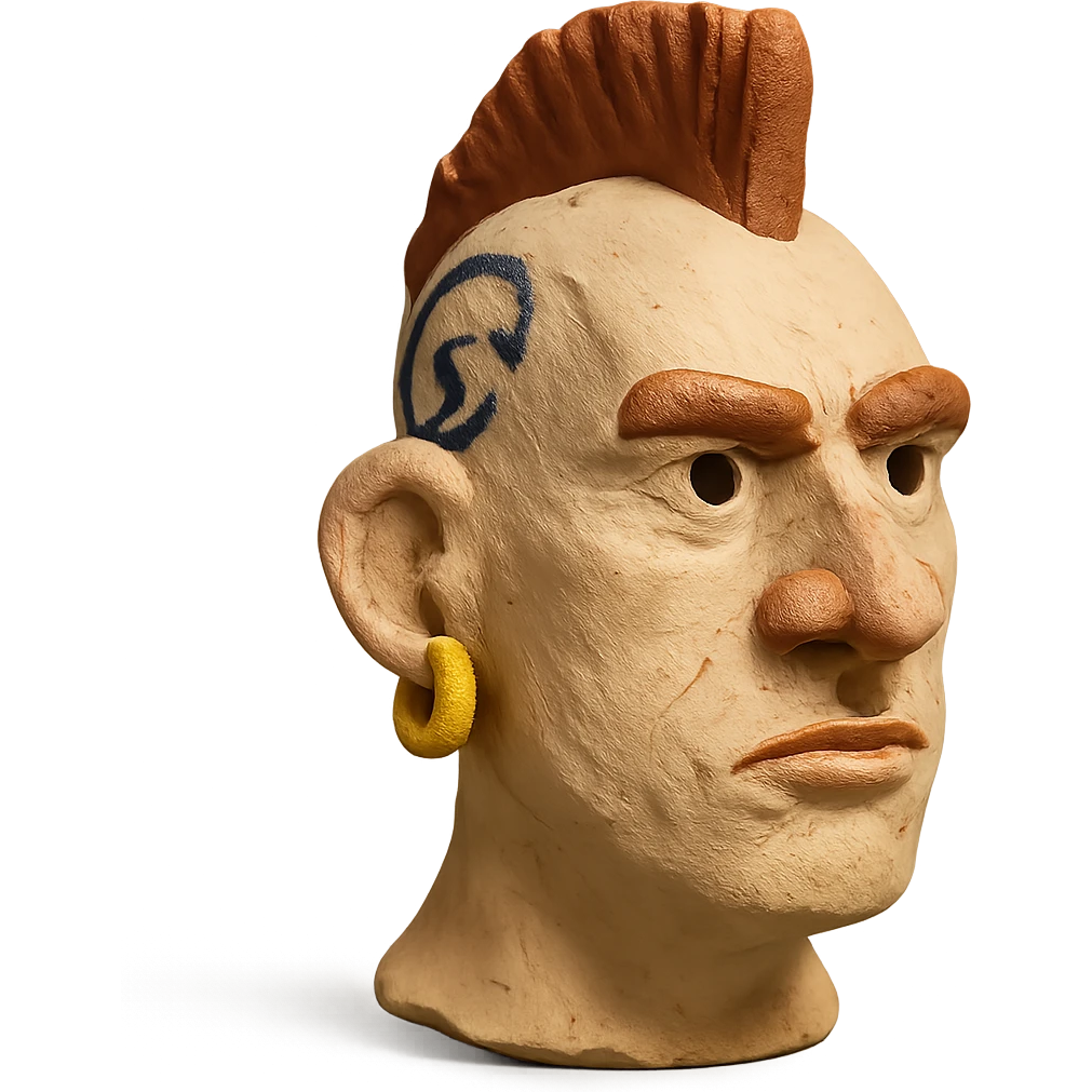 claymation style head of a white man with mohawk, earring, and head tattoo emoji