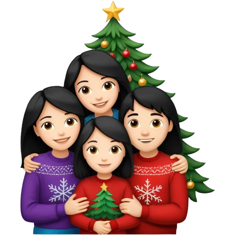 Generate Christmas-style emojis  family. Where light-skinned people stand near the tree all together, hugging and smiling. One girl should be light-skinned with black long hair. Add 4 people: Mother, Sister, Sister, Brother emoji