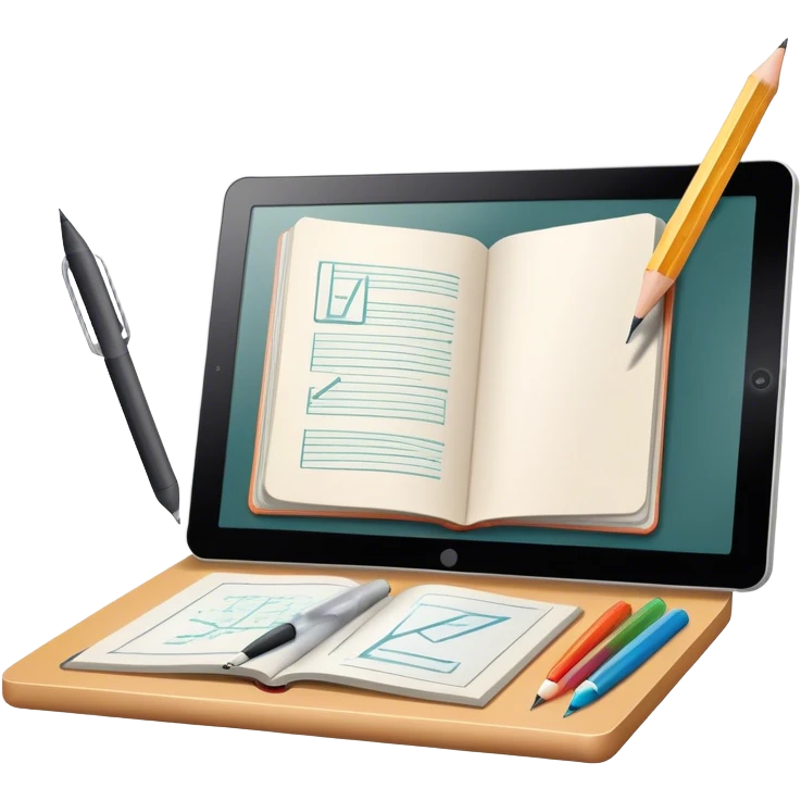 Colourfull Illustration icon, pencil, paintbrush, gel pen, graphic tablet or monitor with digital illustration, open book with sketches, minimalistic style, clean lines, transparent background. emoji