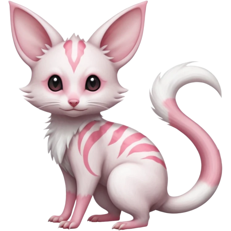 Cute realistic albino Minccino-Lykoi-Emolga-Pachirisu-Zangoose-fusion-hybrid-animal-Fakémon-creature, full body, thin long sleek scaly tail, intricate markings emoji