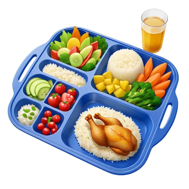 colorful meal tray on table, top view, canteen atmosphere emoji