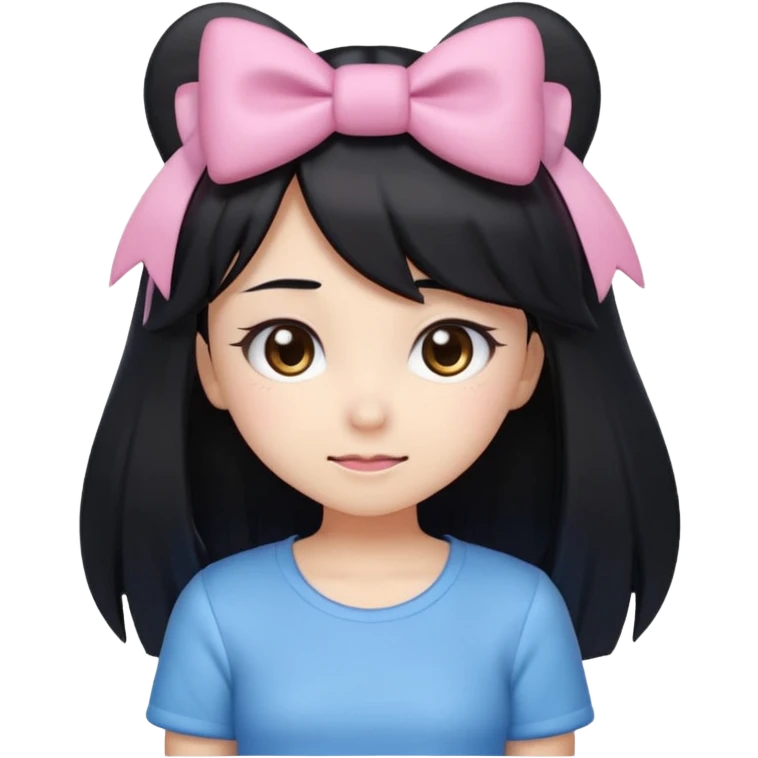 A kawaii-style emoji of a cute anime girl with long, straight black hair, with side bangs, big shiny brown eyes, and soft makeup. She has a small pink bow on her hair and is wearing a pastel blue top but with a Sonic the Hedgehog design printed on it (cute Sonic style). emoji