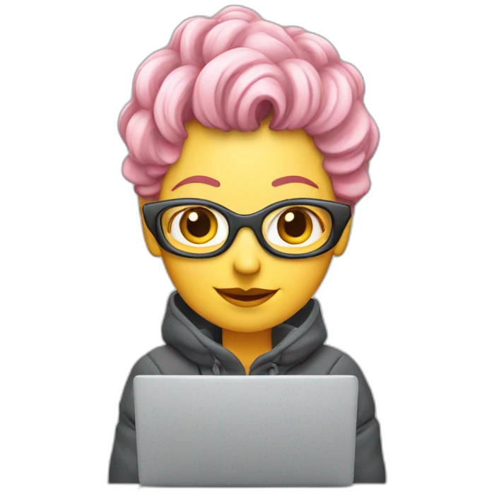 Middle aged woman with pink Hair with Grey laptop and skis emoji
