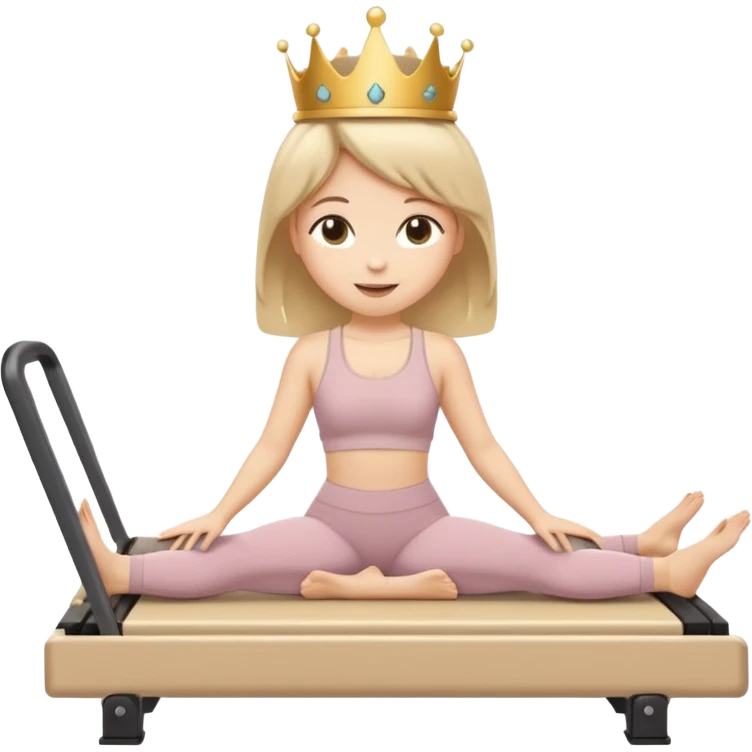 Cute sticker emoji of a “Pilates Princess” doing Pilates on a reformer machine. She is wearing beige activewear with a tiny crown. Soft kawaii style, round shapes, happy face. White outline, vector, transparent background. emoji