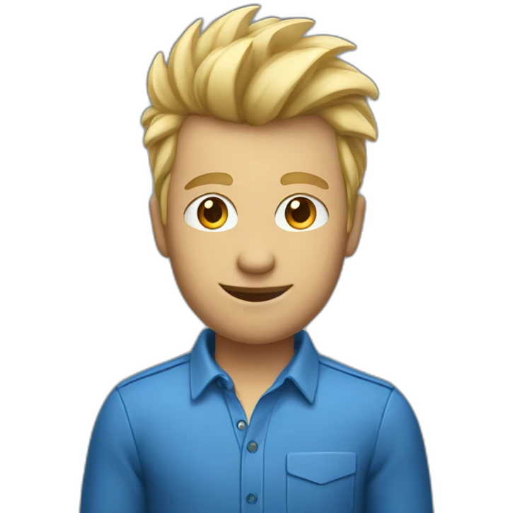 Man wearing blue Apple shirt with blonde faux hawk hair working in QA emoji