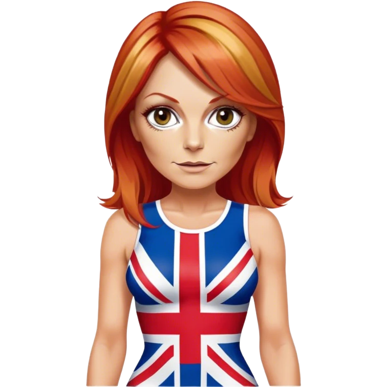 Geri Halliwell with red hair and blonde highlights wearing a short bodycon uk flag dress emoji
