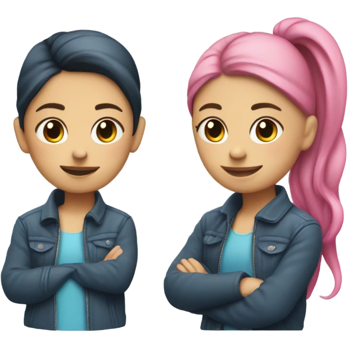 girl in jacket by car with two ponytails, one blue and the other pink emoji