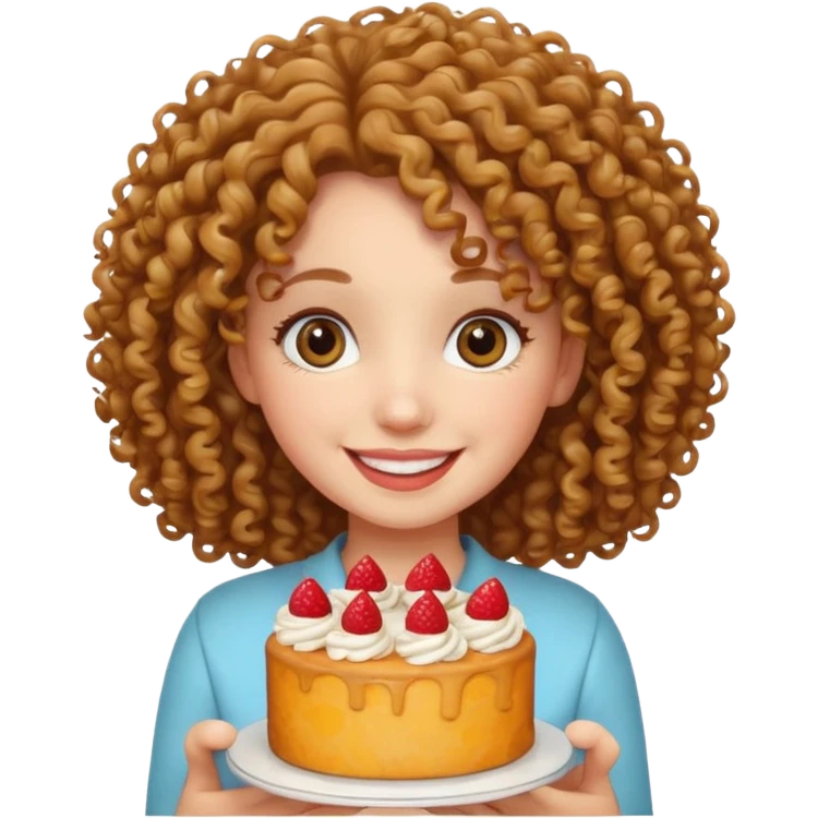 Curly haired girl with a cake emoji