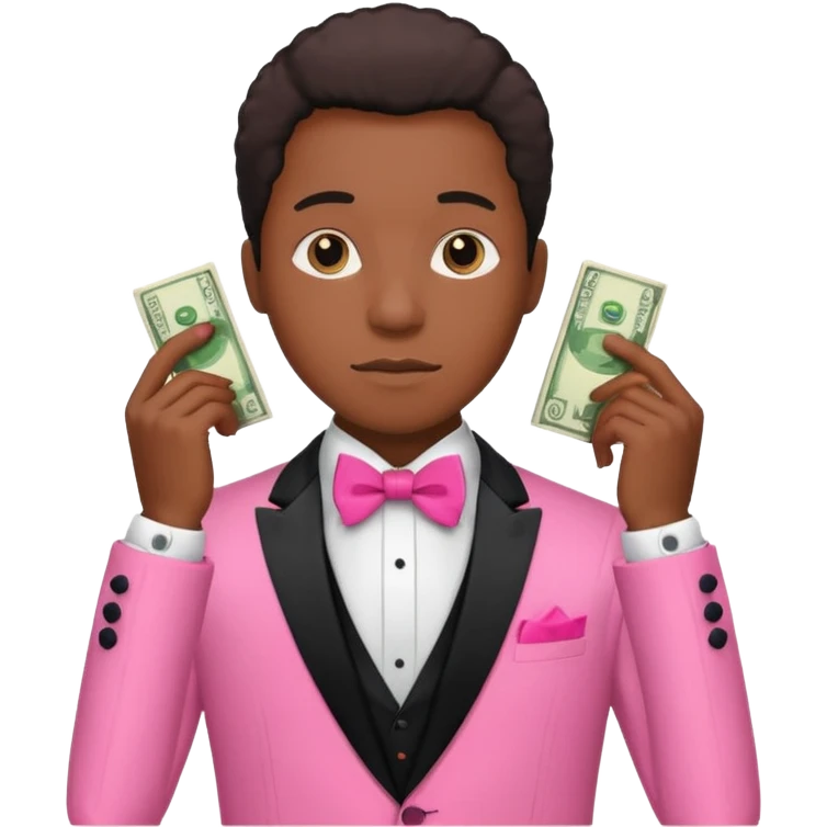 ambitious thinking about money, black person, pink tuxedo emoji