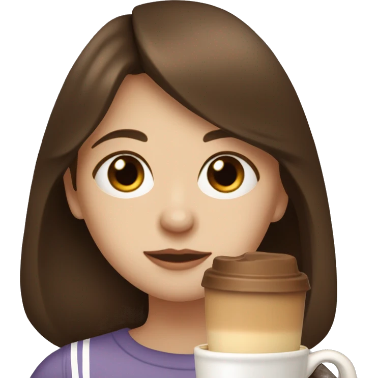 A girl with Dark Chestnut brown straight haired and bangs she has  hazel eyes and pale skin sipping a latte  emoji