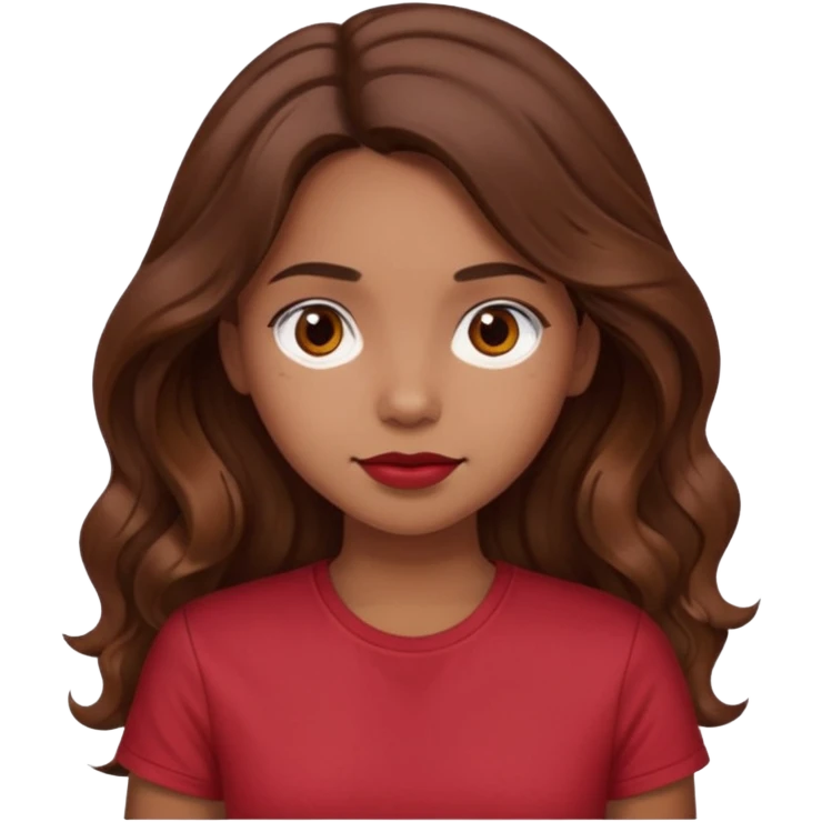 Very light brown girl with long wavy brunette hair and blush, wearing dark red tshirt emoji