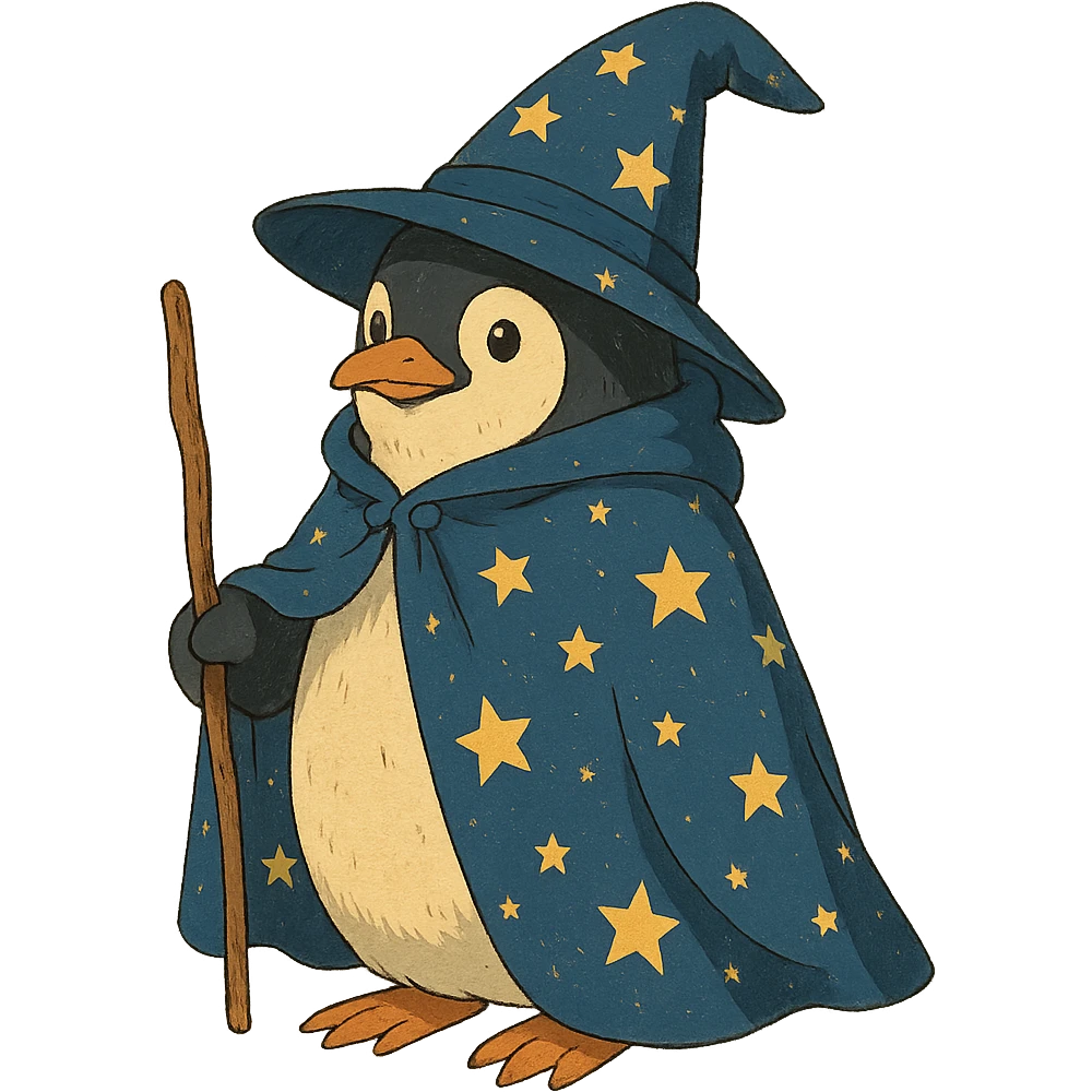 penguin wizard with a starry cloak and pointed hat emoji