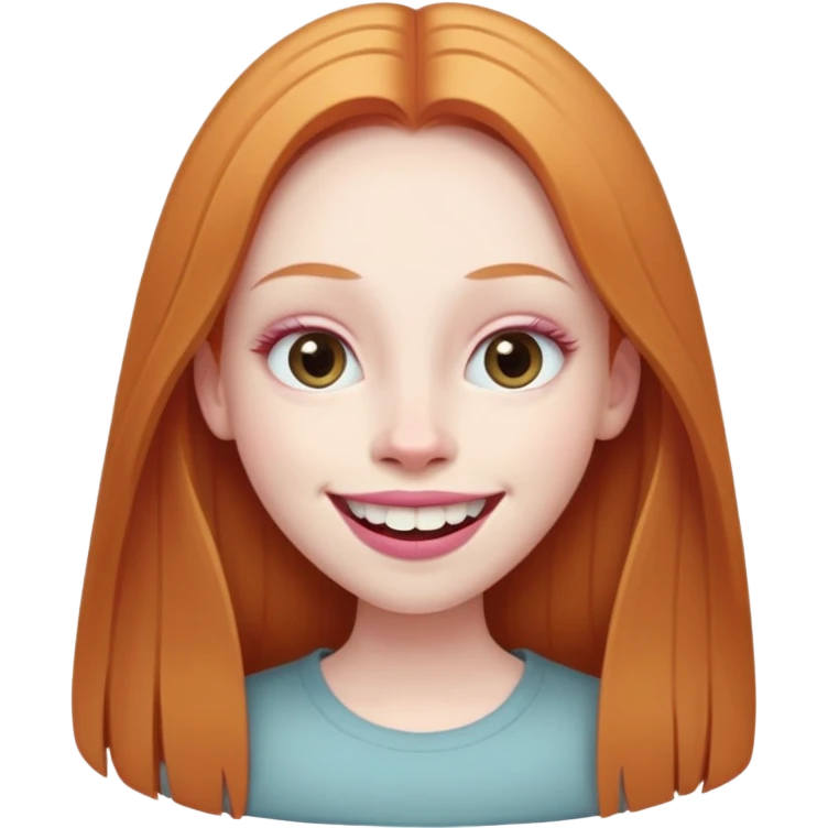 traditional emoji of young girl with very pale skin, long straight muted ginger hair, elongated oval face, bigger human-like eyes positioned close together, wide nose, full pink lips with a big smile showing extremely large and prominent teeth, less intense expression emoji