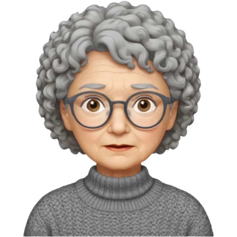 Old woman, solemn, wearing glasses and sweater, short curly hair emoji