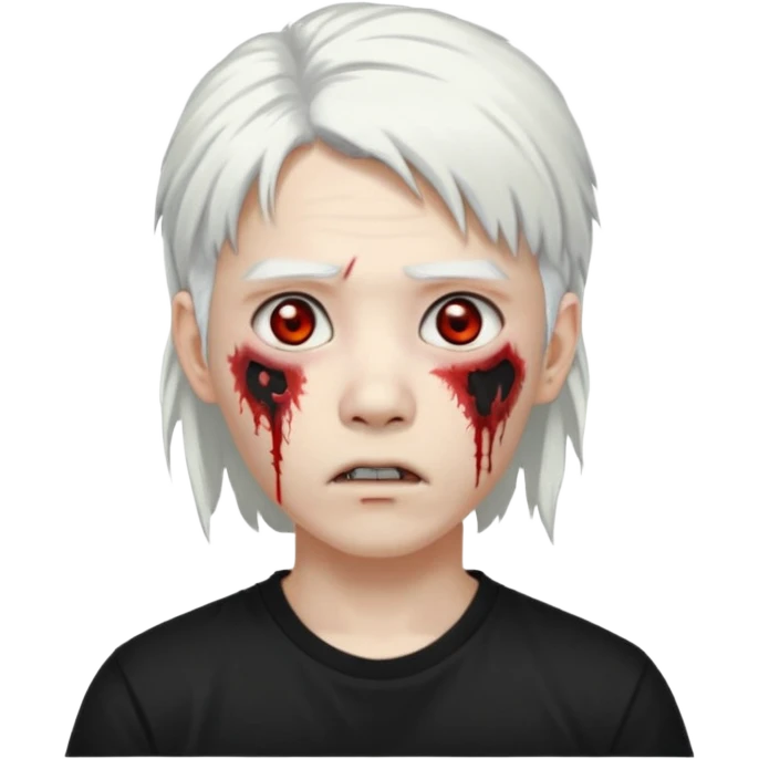 ok make a zombie avatar that has pale skin more like zombie not human, young, asian, mullet hair, white hair with hoop earrings wearing just a black T shirt white blood from the eyes, p emoji