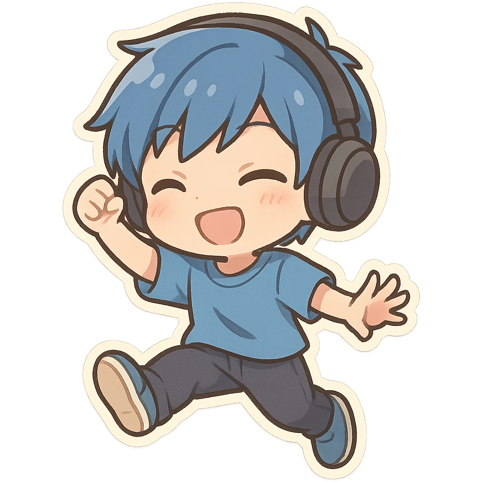 chibi anime boy with blue hair and headphones, playful pose emoji