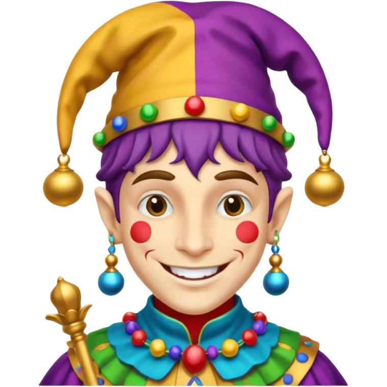 Royal Jester – Smiling trickster with colorful hat and bells emoji