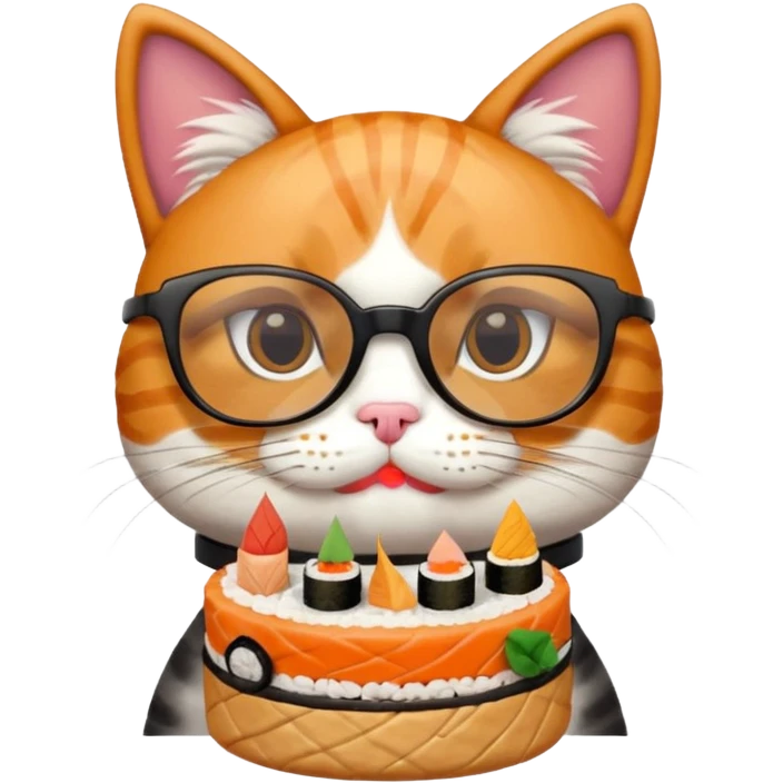 cat with cool thick square shaped glasses eating a birthday cake made out of sushi emoji