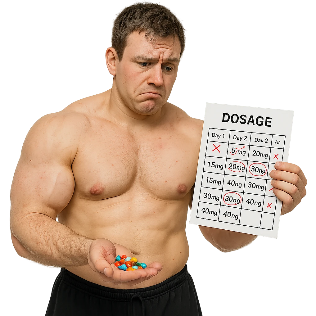 realistic beginner bodybuilder with swollen but asymmetric muscles, holding handful of colorful pills, doubtful look, dosage chart full of errors, white background, 4K quality emoji