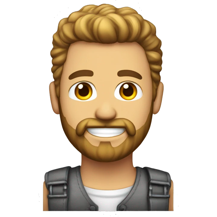 Hombre blanco con barba de leñador, calvo, sonrisa, vestido de constructor emoji