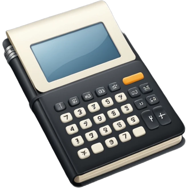 Minimalistic flat vector icon, iOS style, thin black contour on white background. Small black notebook with visible binding, placed next to a calculator. Clean, modern, no text, no shadows. emoji