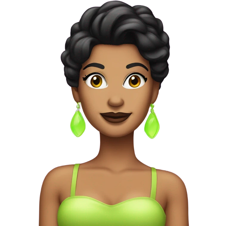 Tanned woman with black hair dressed in 1990s pop princess hair, makeup, and neon attire  emoji