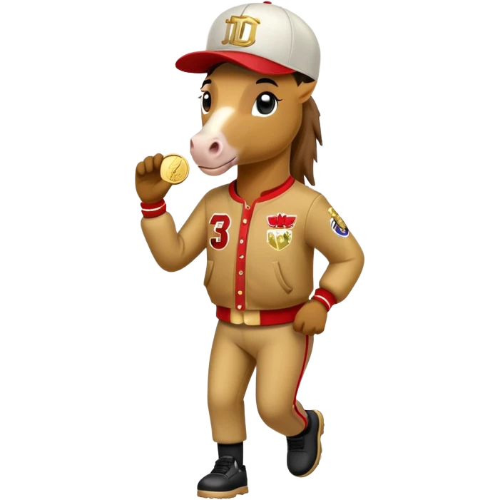 friendly anthropomorphised horse in RUN DMC style outfit, gold medal, baseball hat emoji
