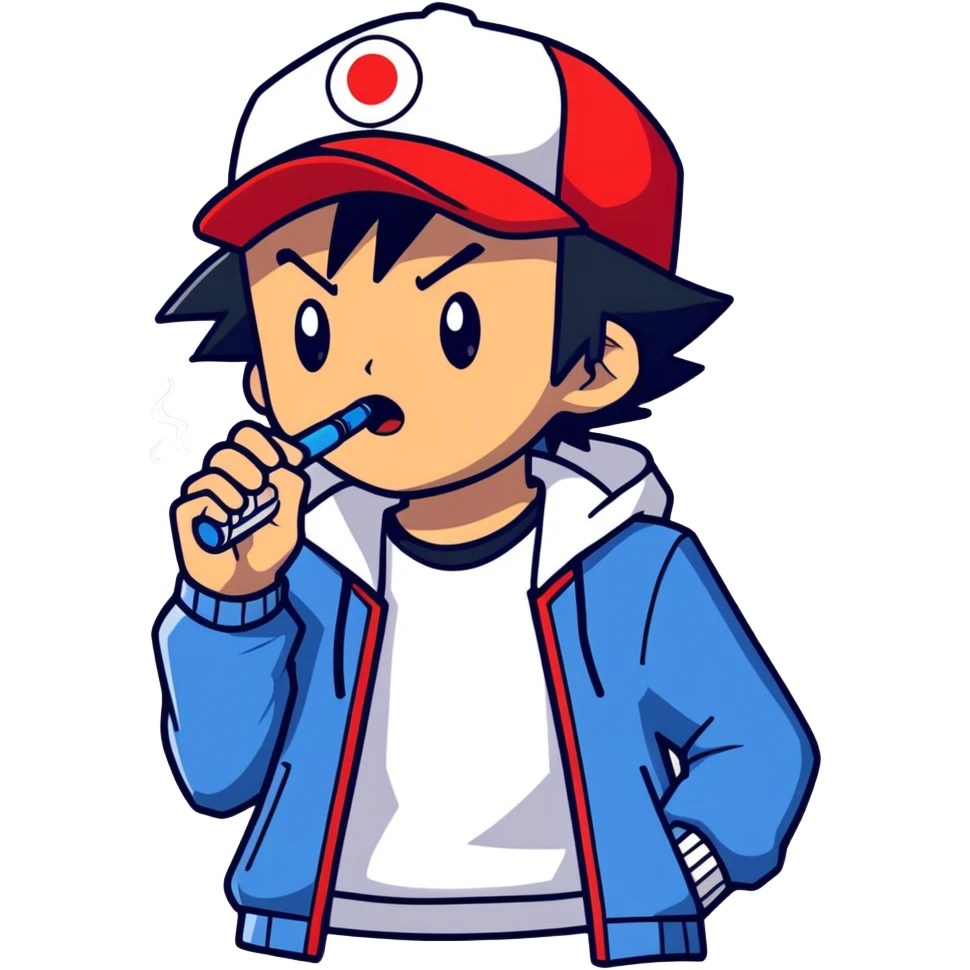 Handsome Ash Ketchum as an adult using a bong emoji