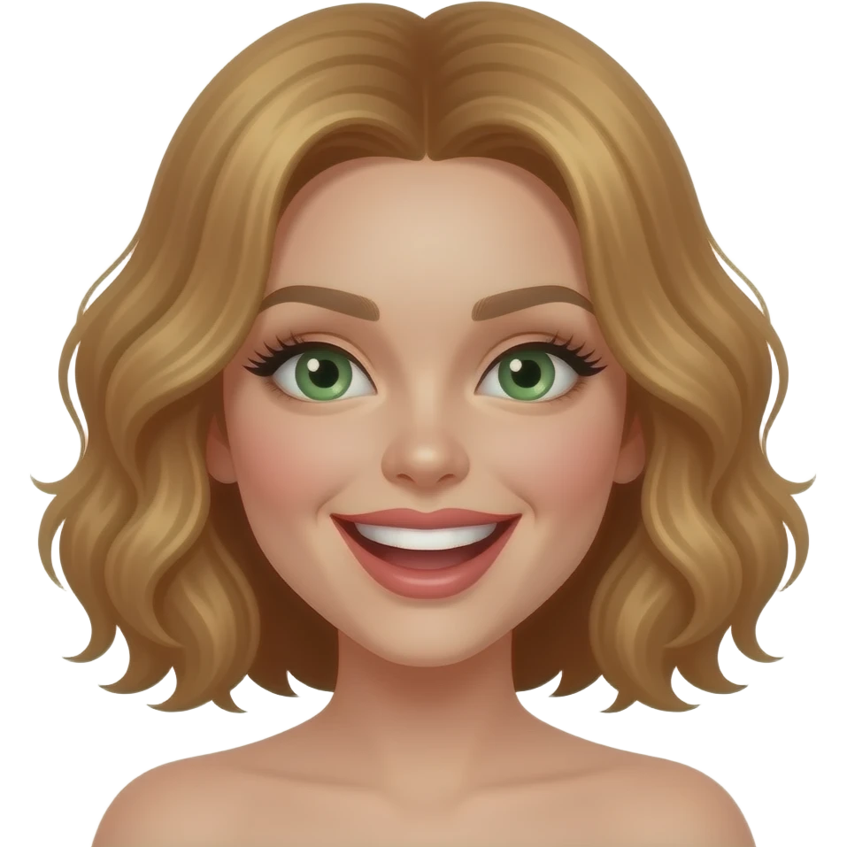 white, very beautiful woman, with big plump lips, long long lashes, honey wavy short hair, green eyes, laughing emoji