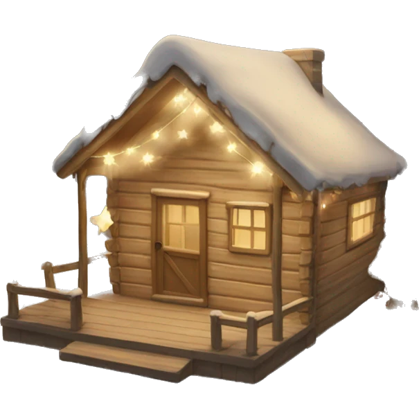 Beige winter cabin with Christmas lights and decorations emoji
