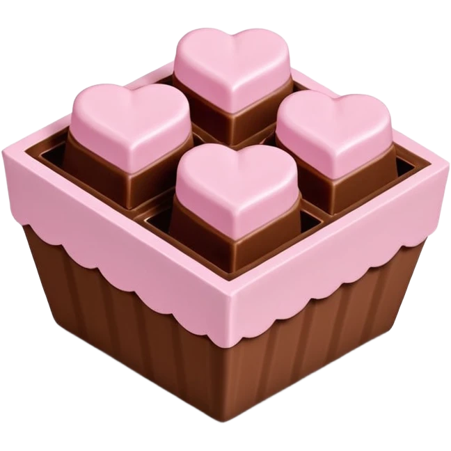 Two square milk chocolate 2 pralines only, Each praline is a sharp-edged cube with smooth glossy chocolate coating, placed in a small white fluted paper candy cup. On top of each cube is a flat pastel pink heart-shaped icing, thin and smooth, slightly translucent, with fine sugar crystal sparkle. emoji
