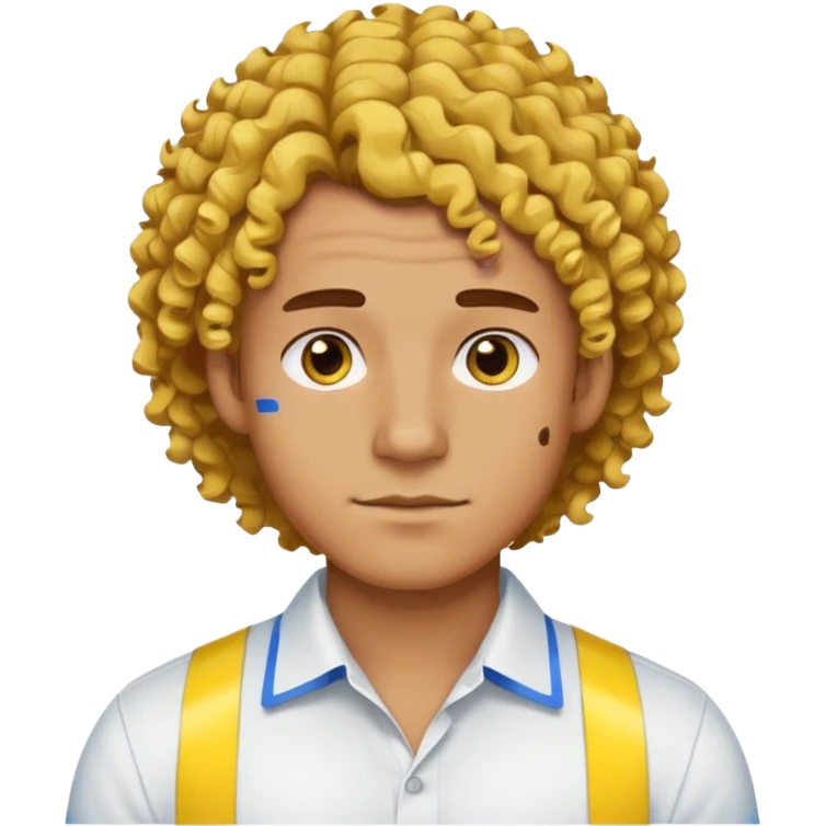 Make me an emoji that has a guy with a white shirt and yellow tape around the shirt with brown and blue spots hair make the hair curly make the yellow tape go around it emoji
