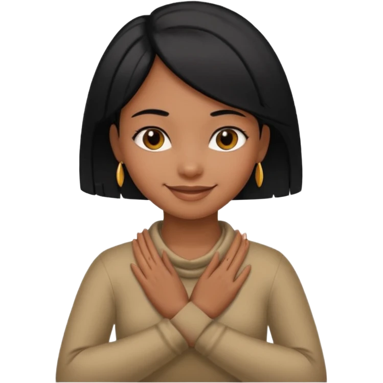 a black girl with straight black hair emoji with hands crossed and around her neck while smiling emoji