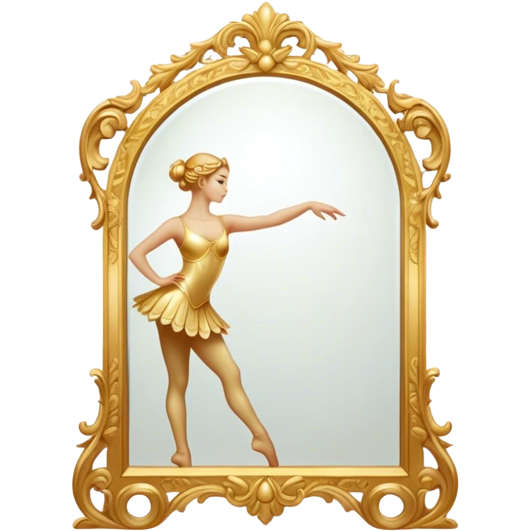 Cinematic Realistic Mirror, a large, ornate mirror reflecting a dancer’s poised silhouette, soft golden light creating depth, slight smudges on the glass adding realism, glowing with a timeless and artistic presence. emoji