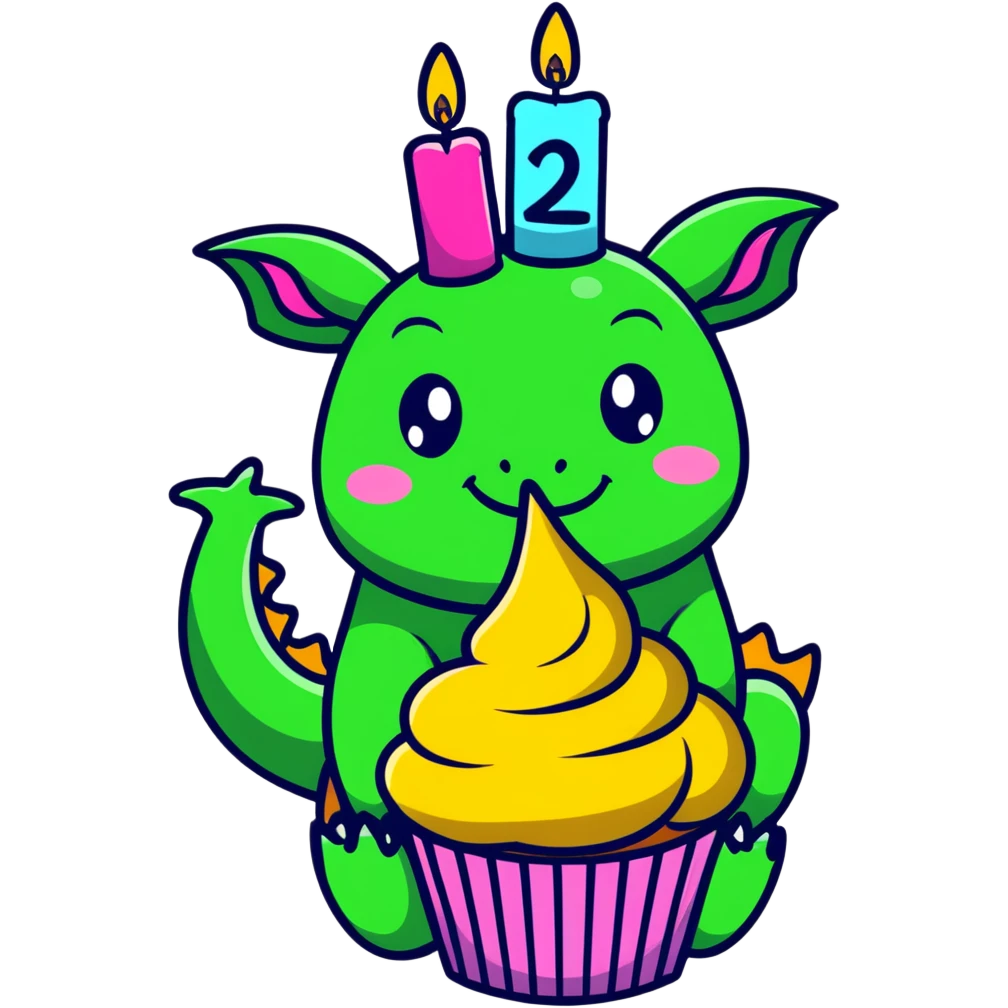 dragon with 1 line smiley eyes, blowing out candles on a cloud cupcake, in a 'making a wish' pose emoji