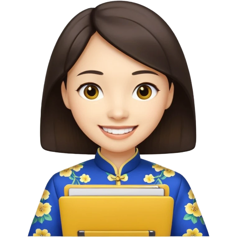 Teacher emoji but : european volume dark brown hair, light skin, no glasses, dark eyes, with a computer folder in the hand (color is yellow), being a teacher, wearing a chinese qipao ( dark blue), smile with teeth





 emoji